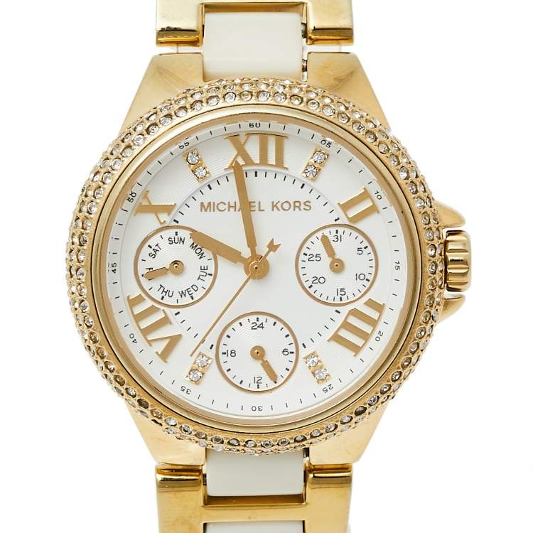 Pre Owned Michael Kors White Gold Tone Stainless Steel Camille MK5945 Women's Wristwatch 36 mm