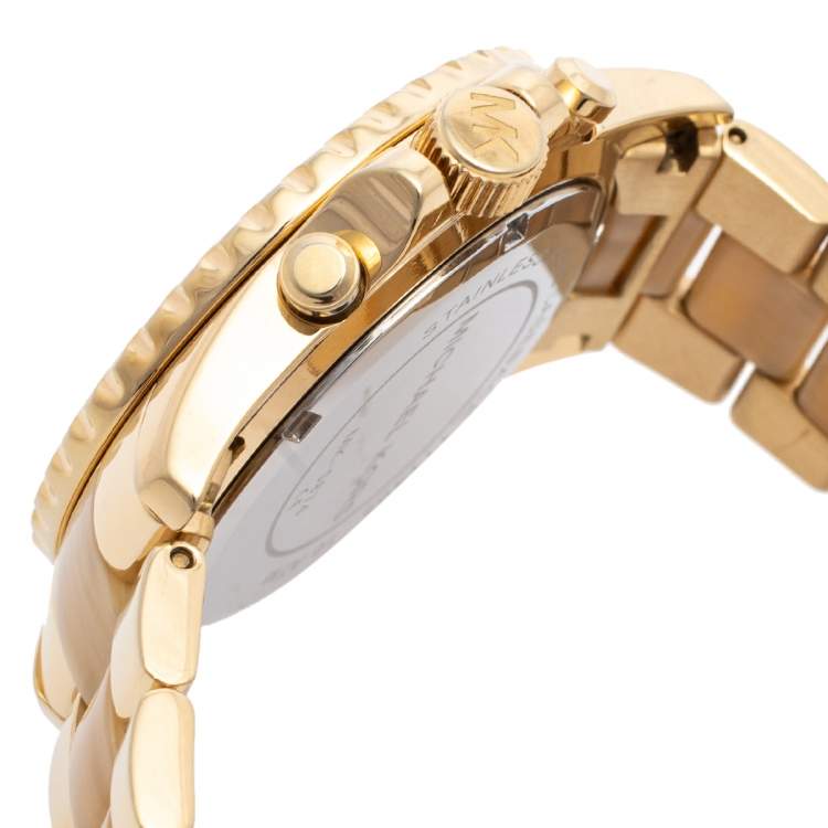 Pre Owned Michael Kors Gold Tone Stainless Steel & Horn Acetate Everest MK5874 Women's Wristwatch 42 mm