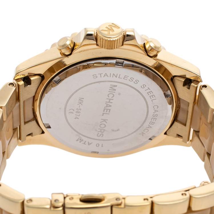 Pre Owned Michael Kors Gold Tone Stainless Steel & Horn Acetate Everest MK5874 Women's Wristwatch 42 mm
