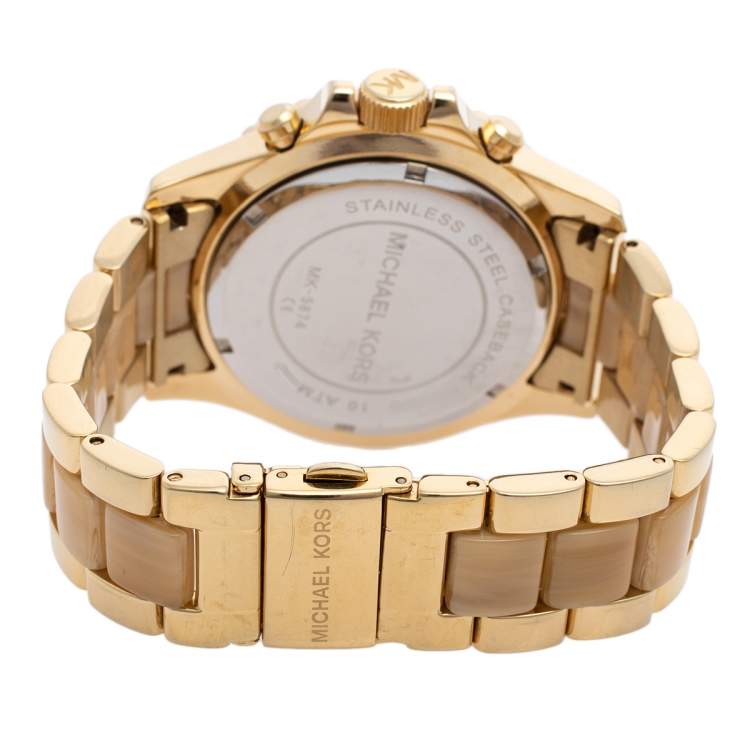 Pre Owned Michael Kors Gold Tone Stainless Steel & Horn Acetate Everest MK5874 Women's Wristwatch 42 mm