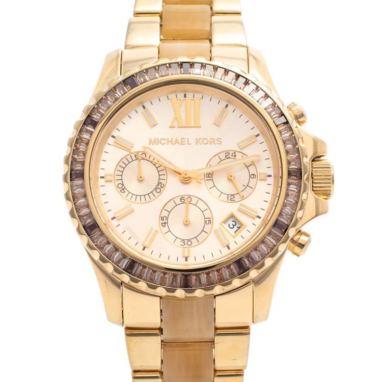 Pre Owned Michael Kors Gold Tone Stainless Steel & Horn Acetate Everest MK5874 Women's Wristwatch 42 mm