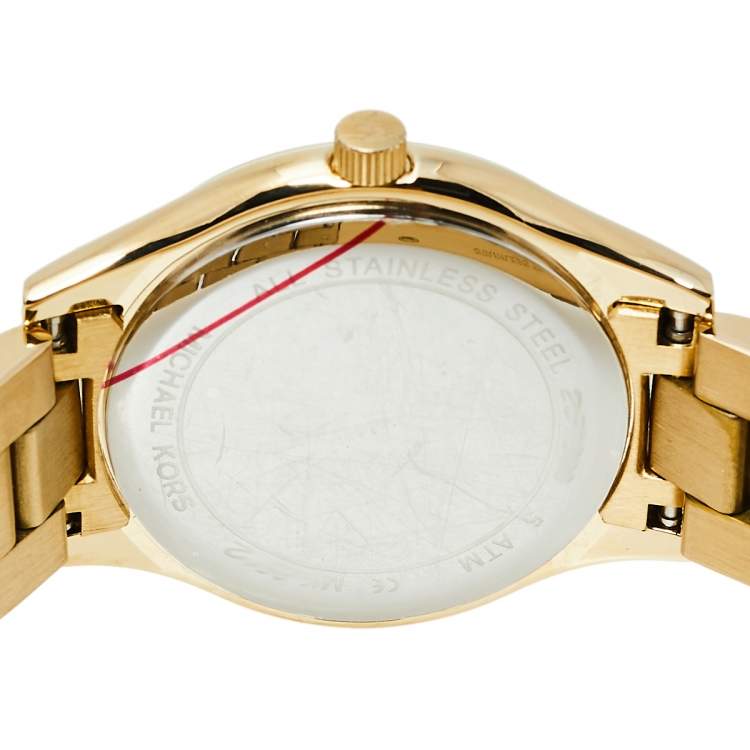 Pre Owned Michael Kors Gold Tone Stainless Steel Slim Runway MK3512 Women's Wristwatch 34 mm 