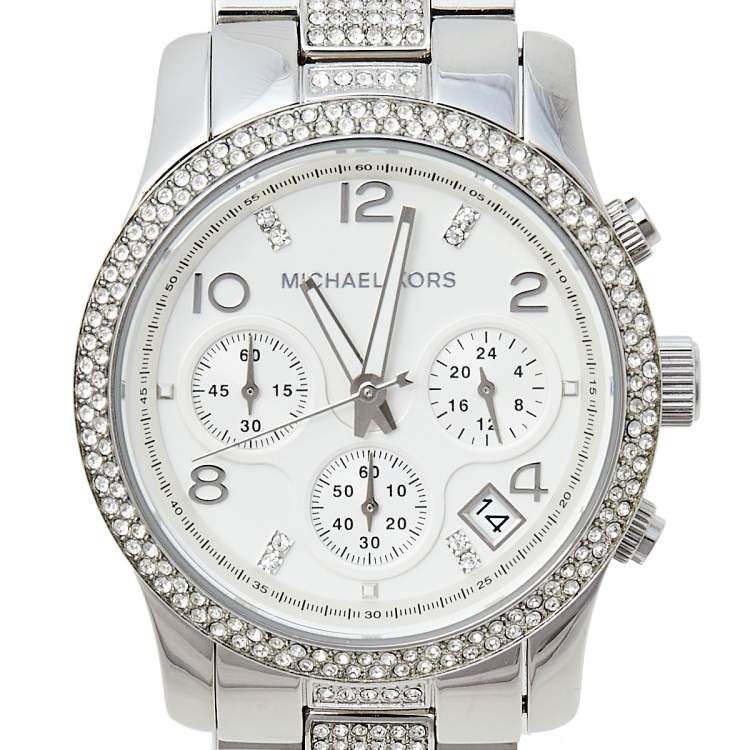 Pre Owned Michael Kors Silver Stainless Steel Runway Glitz MK5825 Women's Wristwatch 38 mm