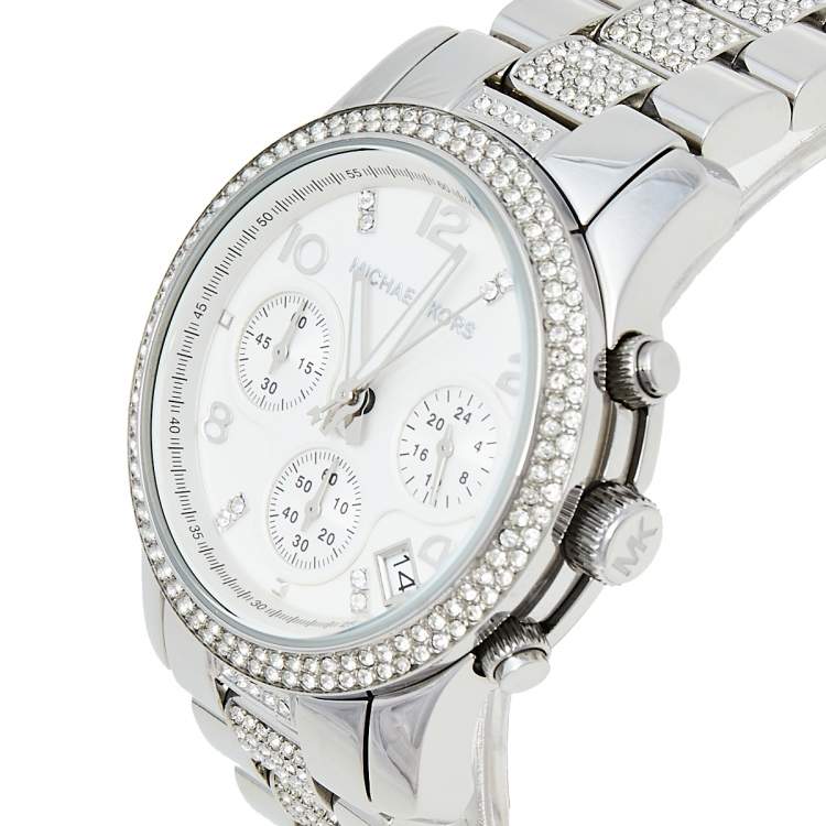 Pre Owned Michael Kors Silver Stainless Steel Runway Glitz MK5825 Women's Wristwatch 38 mm