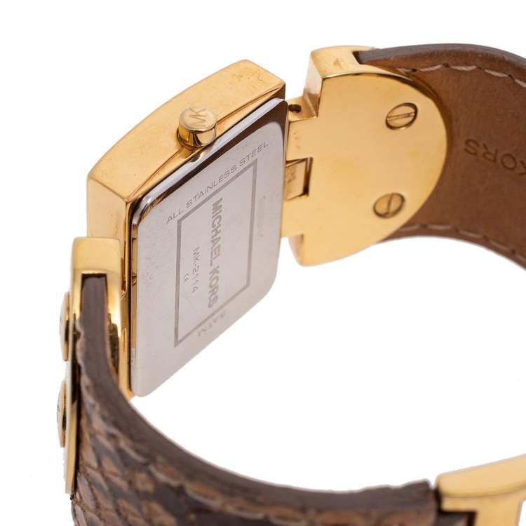 Pre Owned Michael Kors Yellow Gold Plated Stainless Steel Leather MK2144 Women's Wristwatch 28 mm