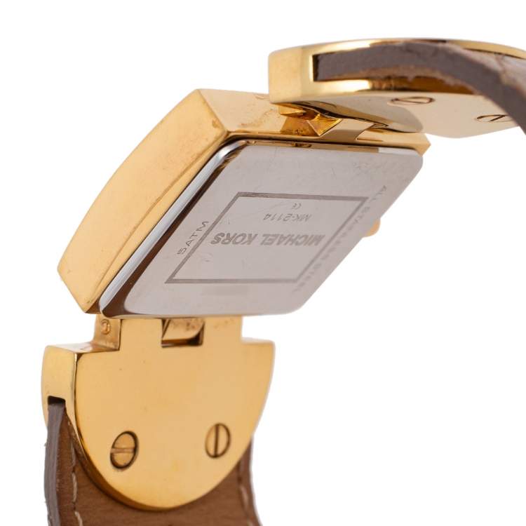 Pre Owned Michael Kors Yellow Gold Plated Stainless Steel Leather MK2144 Women's Wristwatch 28 mm