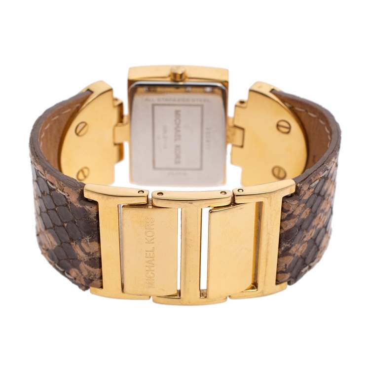 Pre Owned Michael Kors Yellow Gold Plated Stainless Steel Leather MK2144 Women's Wristwatch 28 mm