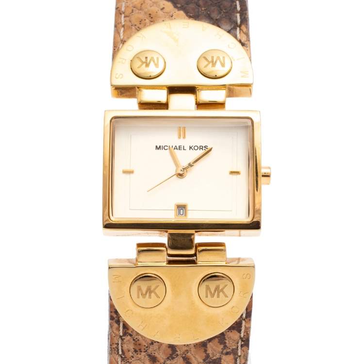Pre Owned Michael Kors Yellow Gold Plated Stainless Steel Leather MK2144 Women's Wristwatch 28 mm