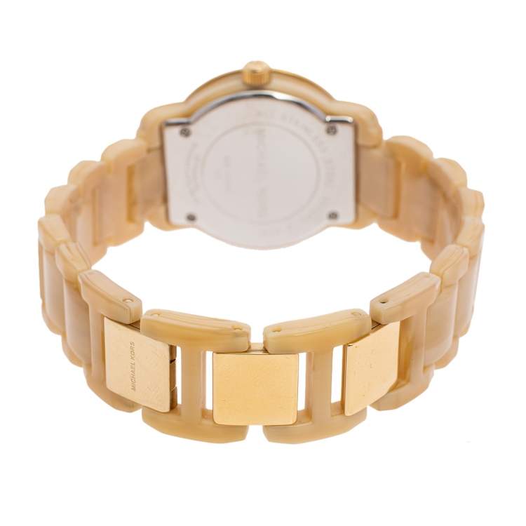 Pre Owned Michael Kors Gold Tone Stainless Steel Horn Acetate MK4204 Women's Wristwatch 34 mm