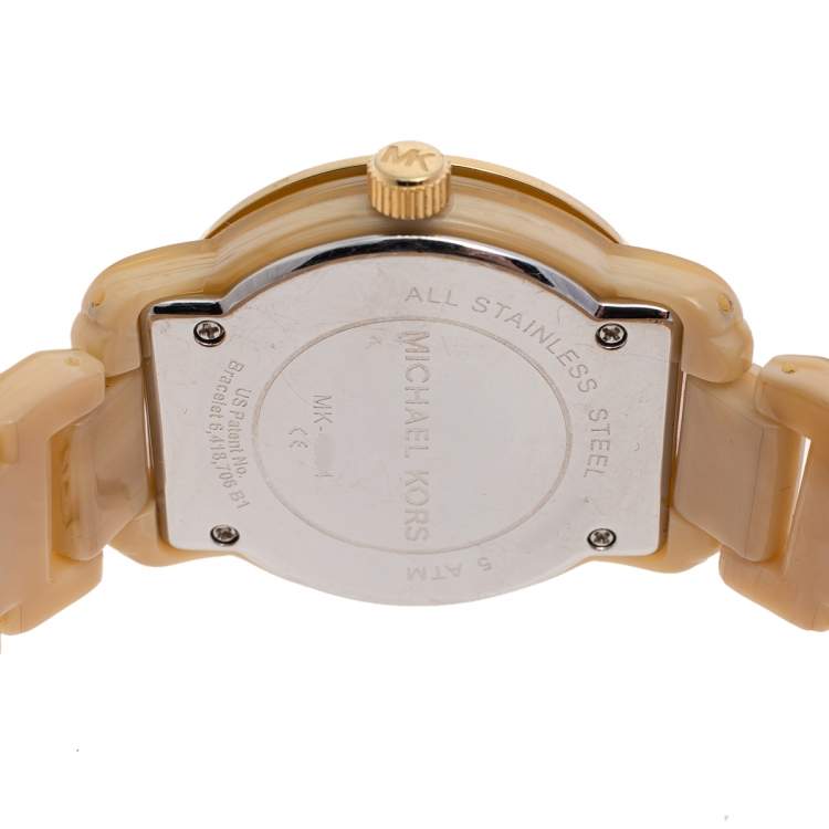 Pre Owned Michael Kors Gold Tone Stainless Steel Horn Acetate MK4204 Women's Wristwatch 34 mm