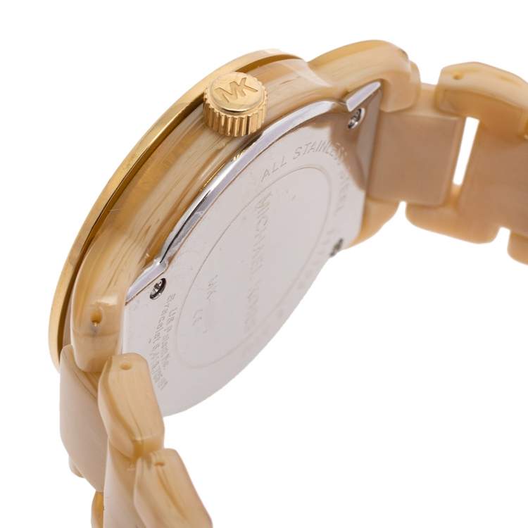 Pre Owned Michael Kors Gold Tone Stainless Steel Horn Acetate MK4204 Women's Wristwatch 34 mm
