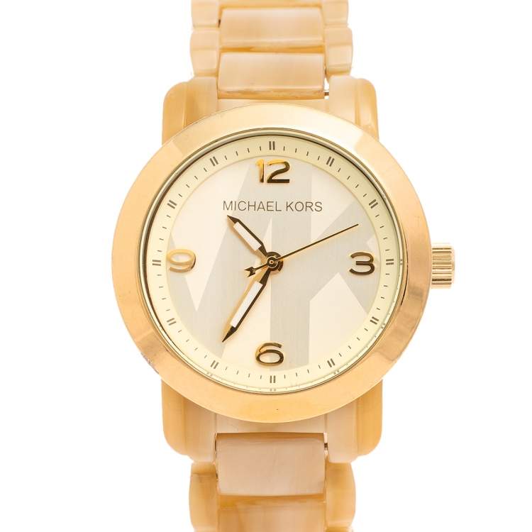 Pre Owned Michael Kors Gold Tone Stainless Steel Horn Acetate MK4204 Women's Wristwatch 34 mm