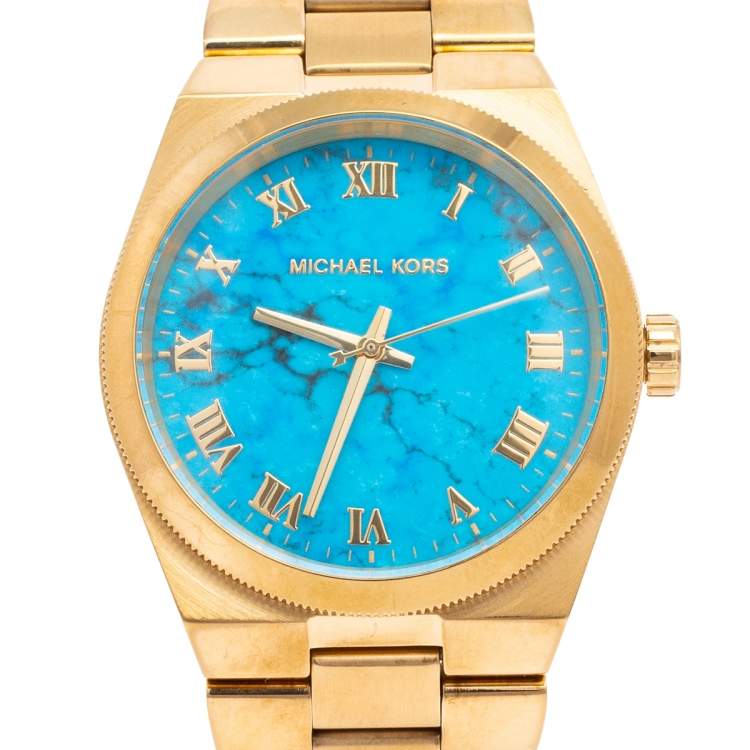 Pre Owned Michael Kors Turquoise Gold Plated Stainless Steel Channing MK5894 Women's Wristwatch 38 mm