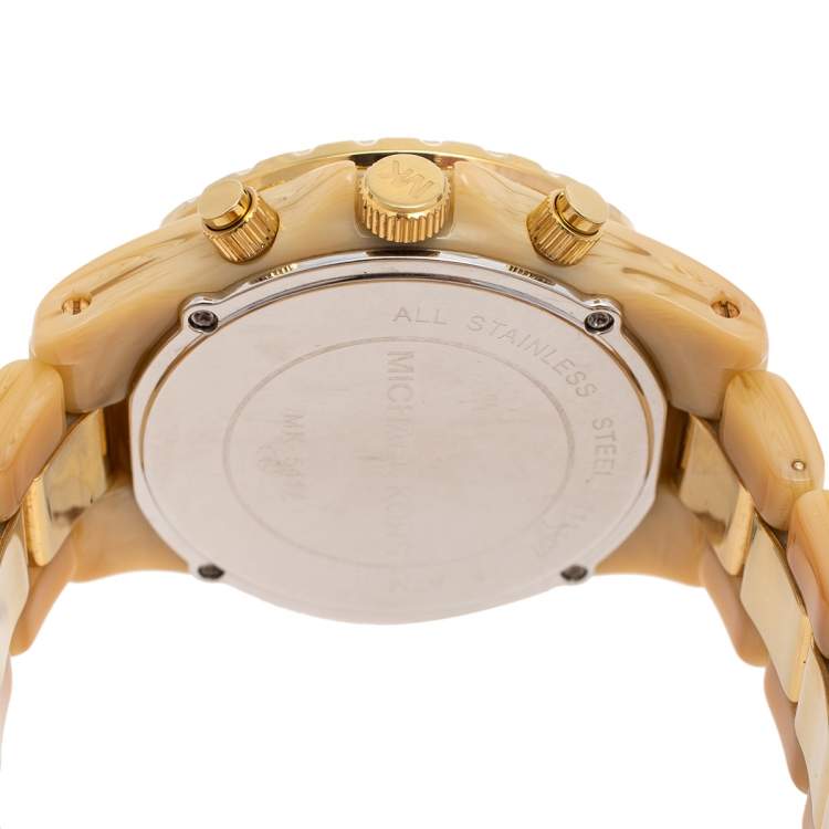 Pre Owned Michael Kors Mother of Pearl Gold Tone Stainless Steel & Horn Acetate Madison MK5417 Women's Wristwatch 42 mm