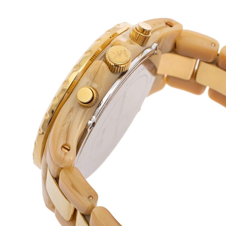 Pre Owned Michael Kors Mother of Pearl Gold Tone Stainless Steel & Horn Acetate Madison MK5417 Women's Wristwatch 42 mm