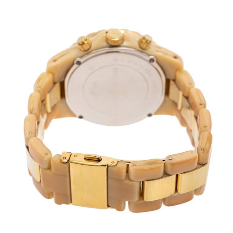 Pre Owned Michael Kors Mother of Pearl Gold Tone Stainless Steel & Horn Acetate Madison MK5417 Women's Wristwatch 42 mm