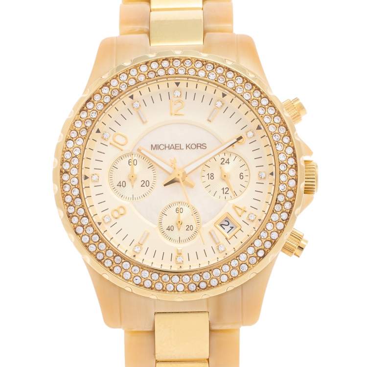 Pre Owned Michael Kors Mother of Pearl Gold Tone Stainless Steel & Horn Acetate Madison MK5417 Women's Wristwatch 42 mm