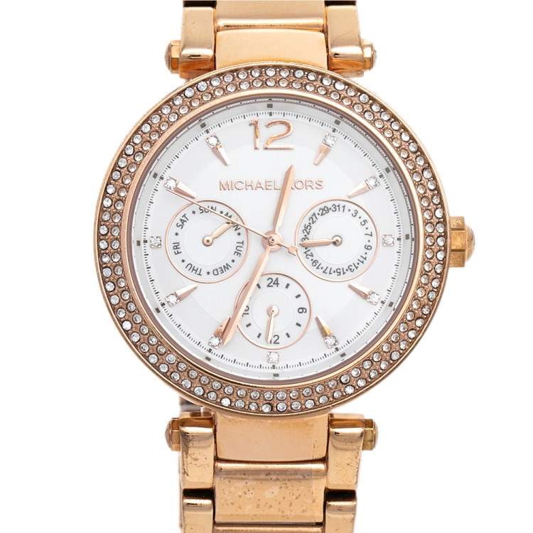 Pre Owned Michael Kors Silver Rose Gold Tone Stainless Steel Parker MK5781 Women's Wristwatch 38 mm
