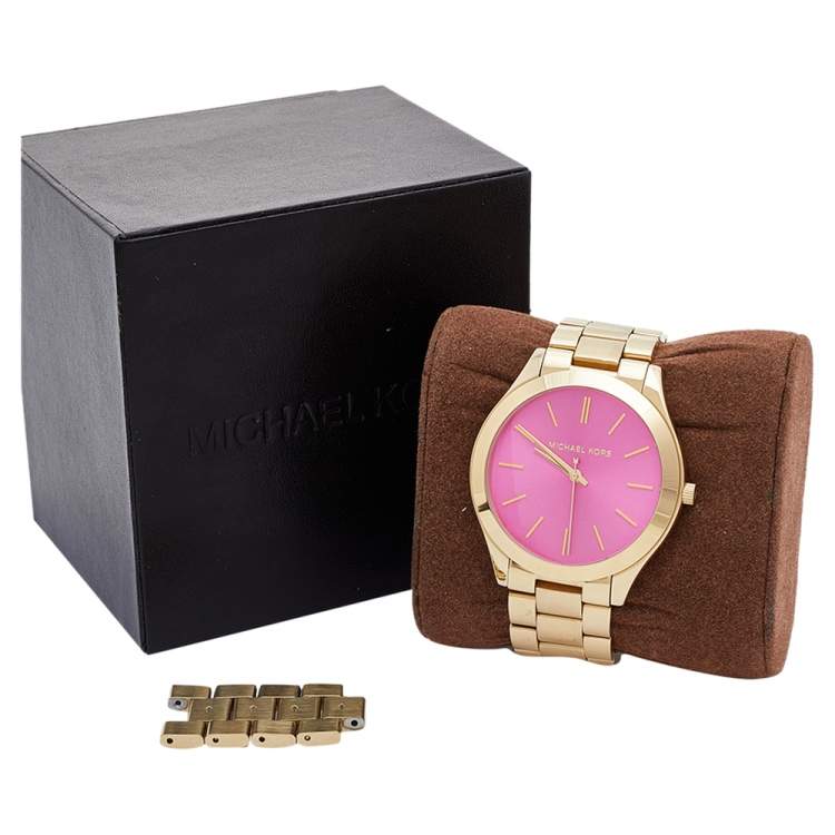 Pre Owned Michael Kors Pink Gold Plated Stainless Steel Slim Runway MK3264 Women's Wristwatch 42 mm
