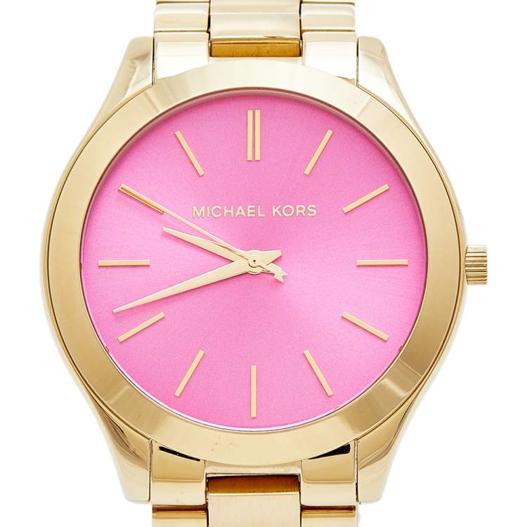 Pre Owned Michael Kors Pink Gold Plated Stainless Steel Slim Runway MK3264 Women's Wristwatch 42 mm