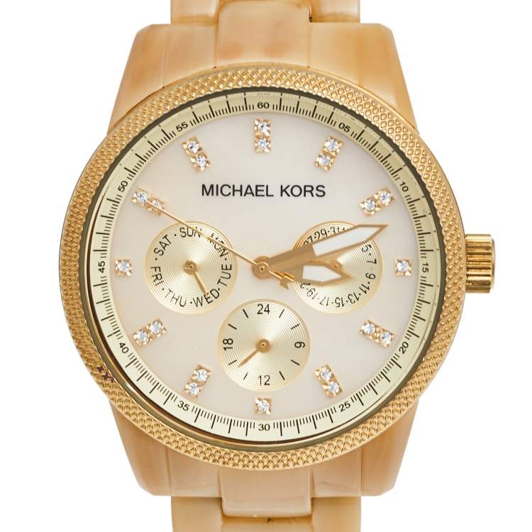 Pre Owned Michael Kors Mother Of Pearl Gold Tone Stainless Steel Horn Resin Jet Set MK5039 Women's Wristwatch 37 mm