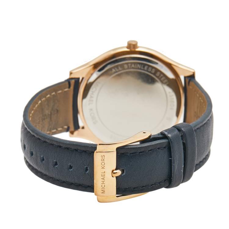 Pre Owned Michael Kors Salmon Rose Gold Plated Stainless Steel Leather Slim Runway MK-2466 Women's Wristwatch 42mm