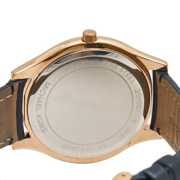 Pre Owned Michael Kors Salmon Rose Gold Plated Stainless Steel Leather Slim Runway MK-2466 Women's Wristwatch 42mm