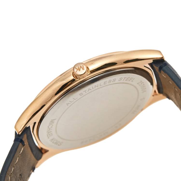Pre Owned Michael Kors Salmon Rose Gold Plated Stainless Steel Leather Slim Runway MK-2466 Women's Wristwatch 42mm