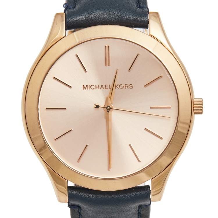 Pre Owned Michael Kors Salmon Rose Gold Plated Stainless Steel Leather Slim Runway MK-2466 Women's Wristwatch 42mm