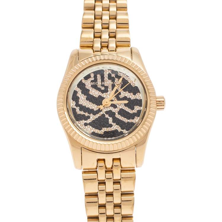 Pre Owned Michael Kors Zebra Gold Plated Stainless Petite Lexington MK-3300 Women's Wristwatch 26 mm 