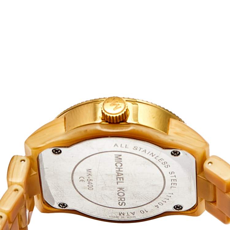 Pre Owned Michael Kors Mother of Pearl Gold Plated Stainless Steel Horn Acetate Mk5400 Women's Wristwatch 33 mm