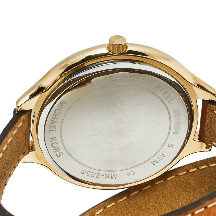Pre Owned Michael Kors Champagne Gold Plated Stainless Steel Leather Runway MK2256 Women's Wristwatch 42 mm