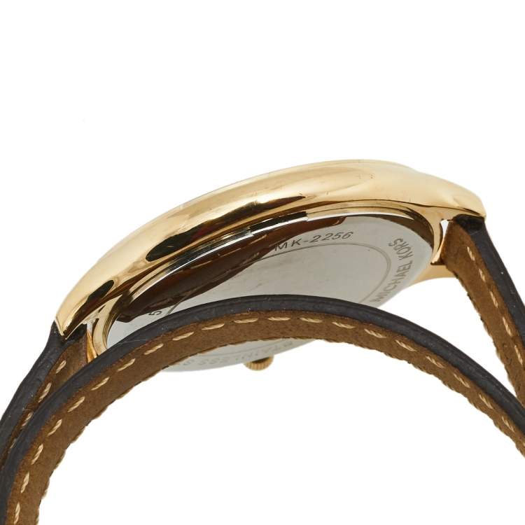 Pre Owned Michael Kors Champagne Gold Plated Stainless Steel Leather Runway MK2256 Women's Wristwatch 42 mm