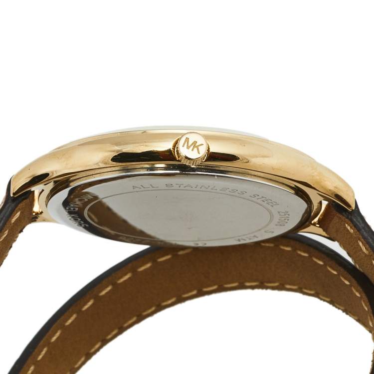 Pre Owned Michael Kors Champagne Gold Plated Stainless Steel Leather Runway MK2256 Women's Wristwatch 42 mm