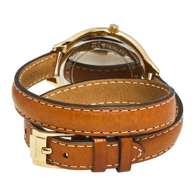 Pre Owned Michael Kors Champagne Gold Plated Stainless Steel Leather Runway MK2256 Women's Wristwatch 42 mm