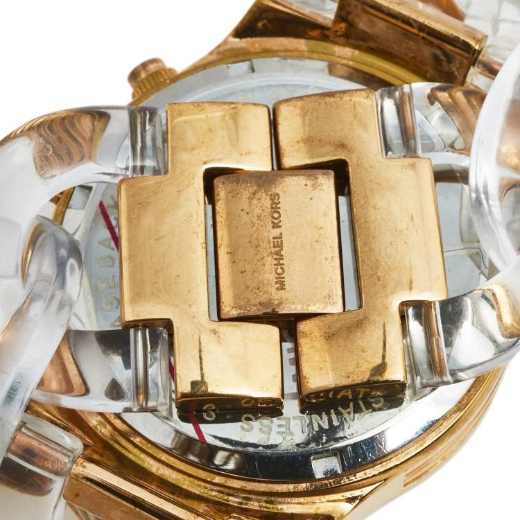 Pre Owned Michael Kors Silver Rose Gold Plated Stainless Steel Clear Acetate Runway Twist MK-4282 Women's Wristwatch 38 mm
