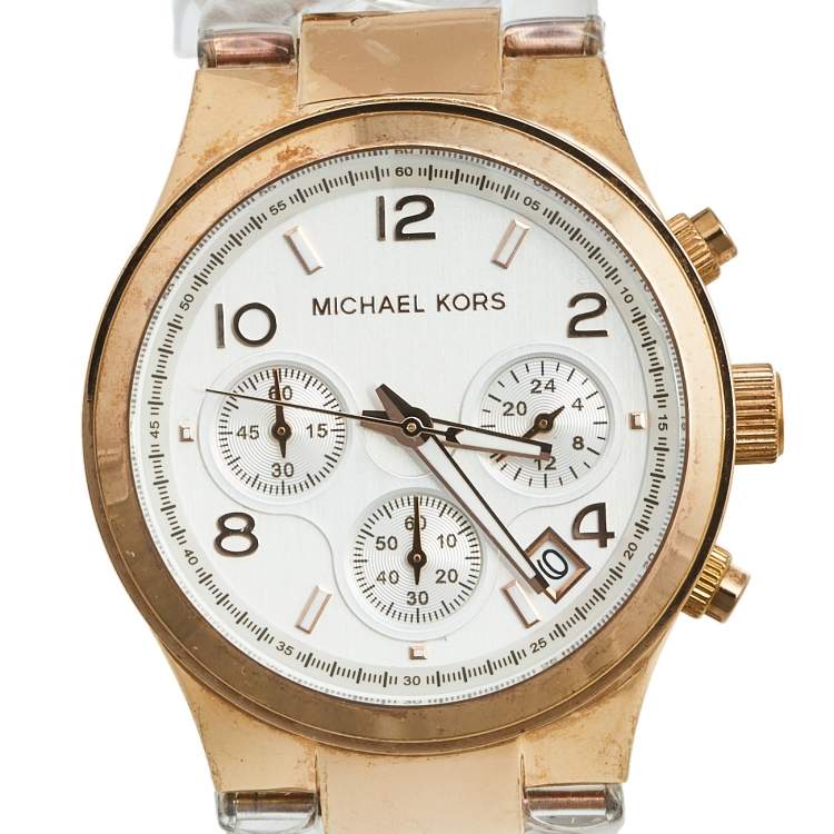 Pre Owned Michael Kors Silver Rose Gold Plated Stainless Steel Clear Acetate Runway Twist MK-4282 Women's Wristwatch 38 mm