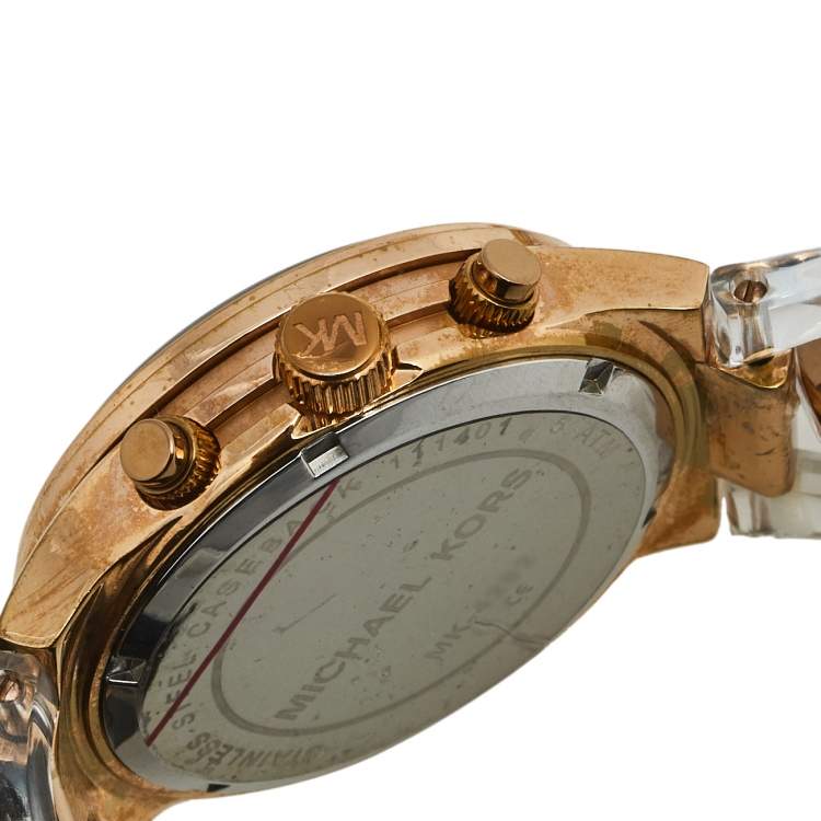 Pre Owned Michael Kors Silver Rose Gold Plated Stainless Steel Clear Acetate Runway Twist MK-4282 Women's Wristwatch 38 mm