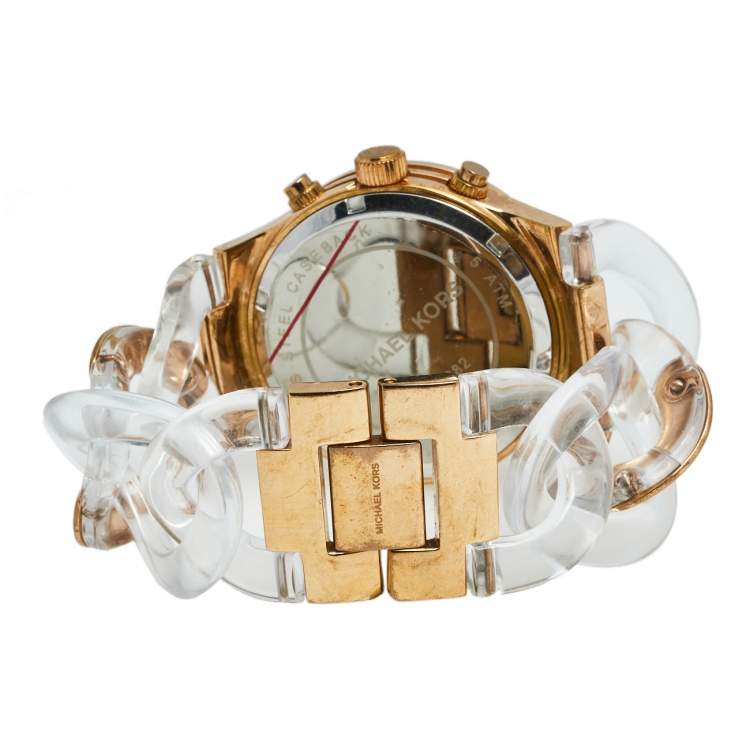 Pre Owned Michael Kors Silver Rose Gold Plated Stainless Steel Clear Acetate Runway Twist MK-4282 Women's Wristwatch 38 mm