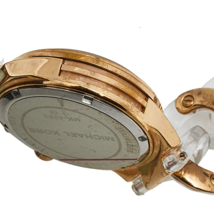 Pre Owned Michael Kors Silver Rose Gold Plated Stainless Steel Clear Acetate Runway Twist MK-4282 Women's Wristwatch 38 mm