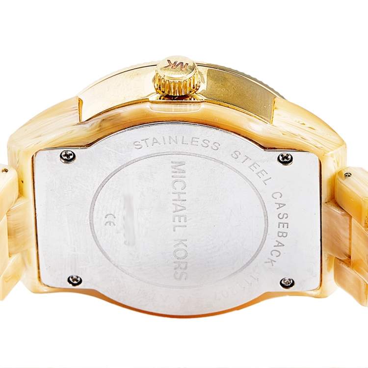 Pre Owned Michael Kors Mother of Pearl Gold Plated Stainless Steel Horn Resin Jet Set MK-5039 Women's Wristwatch 37 mm