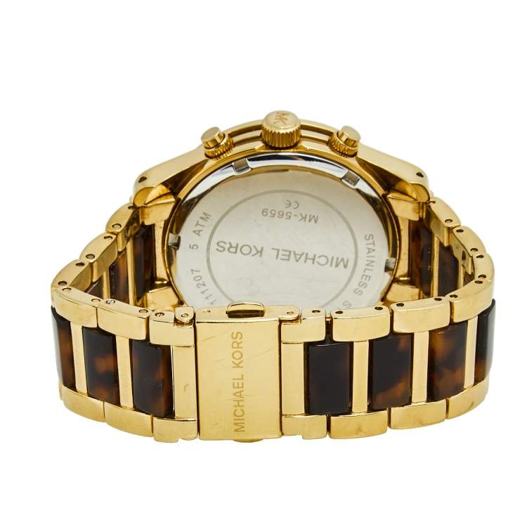 Pre Owned Michael Kors Champagne Yellow Gold Plated Stainless Steel Acetate Runway MK5659 Women's Wristwatch 38 mm