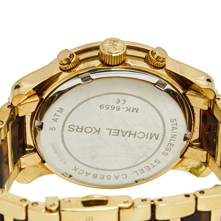 Pre Owned Michael Kors Champagne Yellow Gold Plated Stainless Steel Acetate Runway MK5659 Women's Wristwatch 38 mm