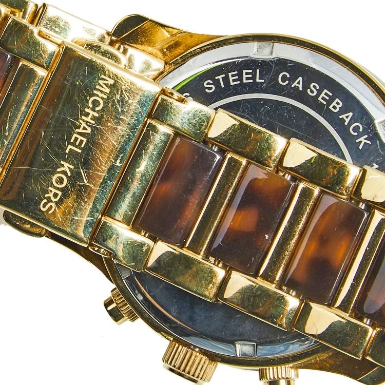 Pre Owned Michael Kors Champagne Yellow Gold Plated Stainless Steel Acetate Runway MK5659 Women's Wristwatch 38 mm