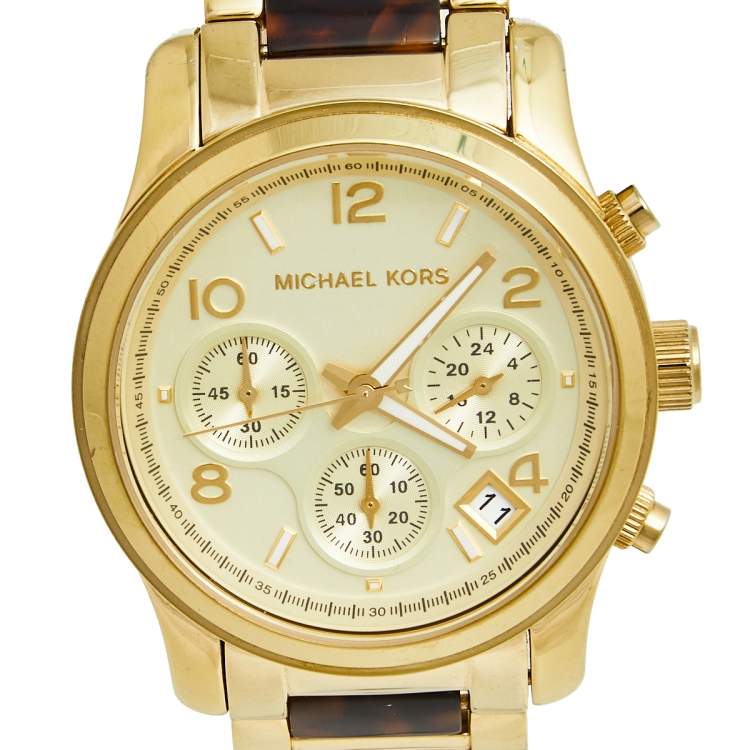Pre Owned Michael Kors Champagne Yellow Gold Plated Stainless Steel Acetate Runway MK5659 Women's Wristwatch 38 mm