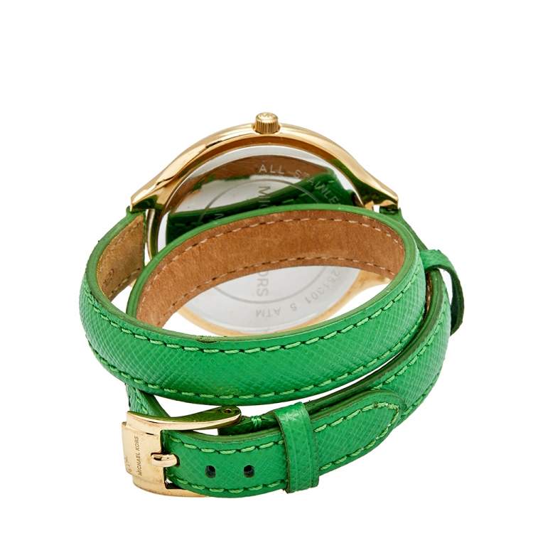Pre Owned Michael Kors Champagne Yellow Gold Plated Stainless Steel Slim Runway MK2287 Women's Wristwatch 42 mm
