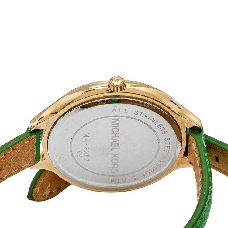 Pre Owned Michael Kors Champagne Yellow Gold Plated Stainless Steel Slim Runway MK2287 Women's Wristwatch 42 mm