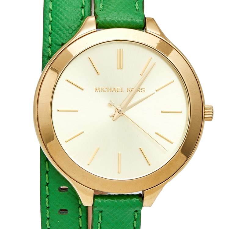Pre Owned Michael Kors Champagne Yellow Gold Plated Stainless Steel Slim Runway MK2287 Women's Wristwatch 42 mm