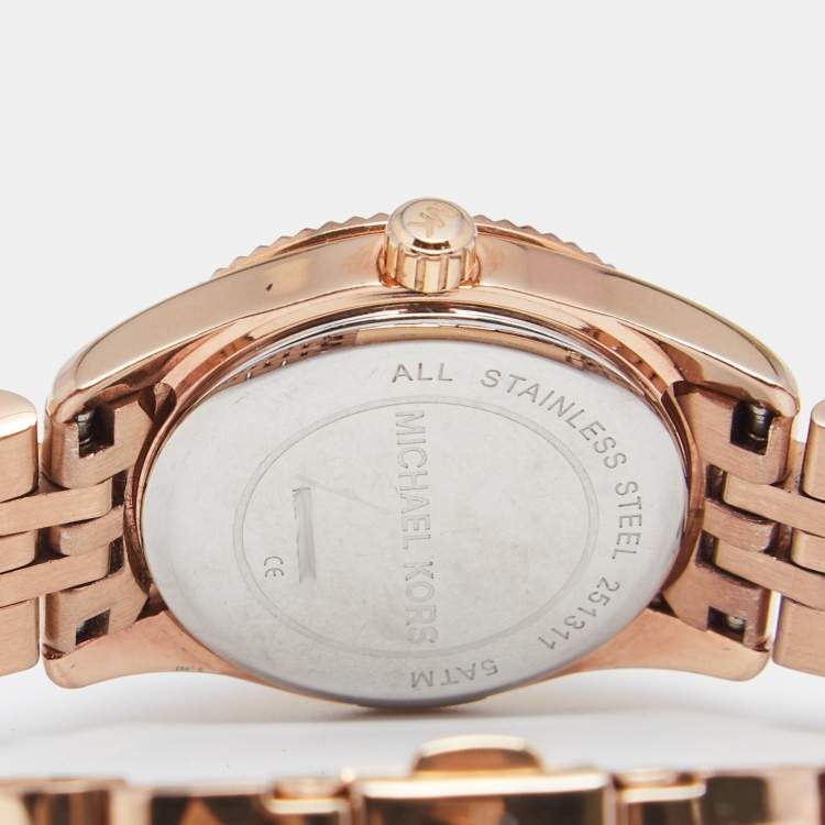 Pre Owned Michael Kors White Rose Gold Plated Stainless Steel Lexington MK3230 Women's Wristwatch 26 mm