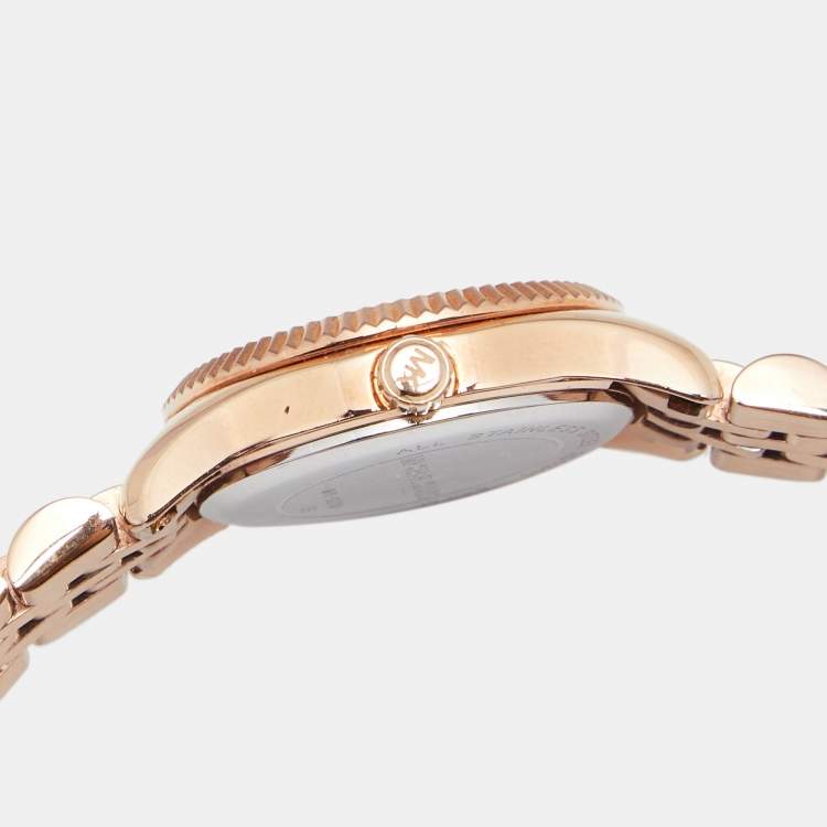 Pre Owned Michael Kors White Rose Gold Plated Stainless Steel Lexington MK3230 Women's Wristwatch 26 mm